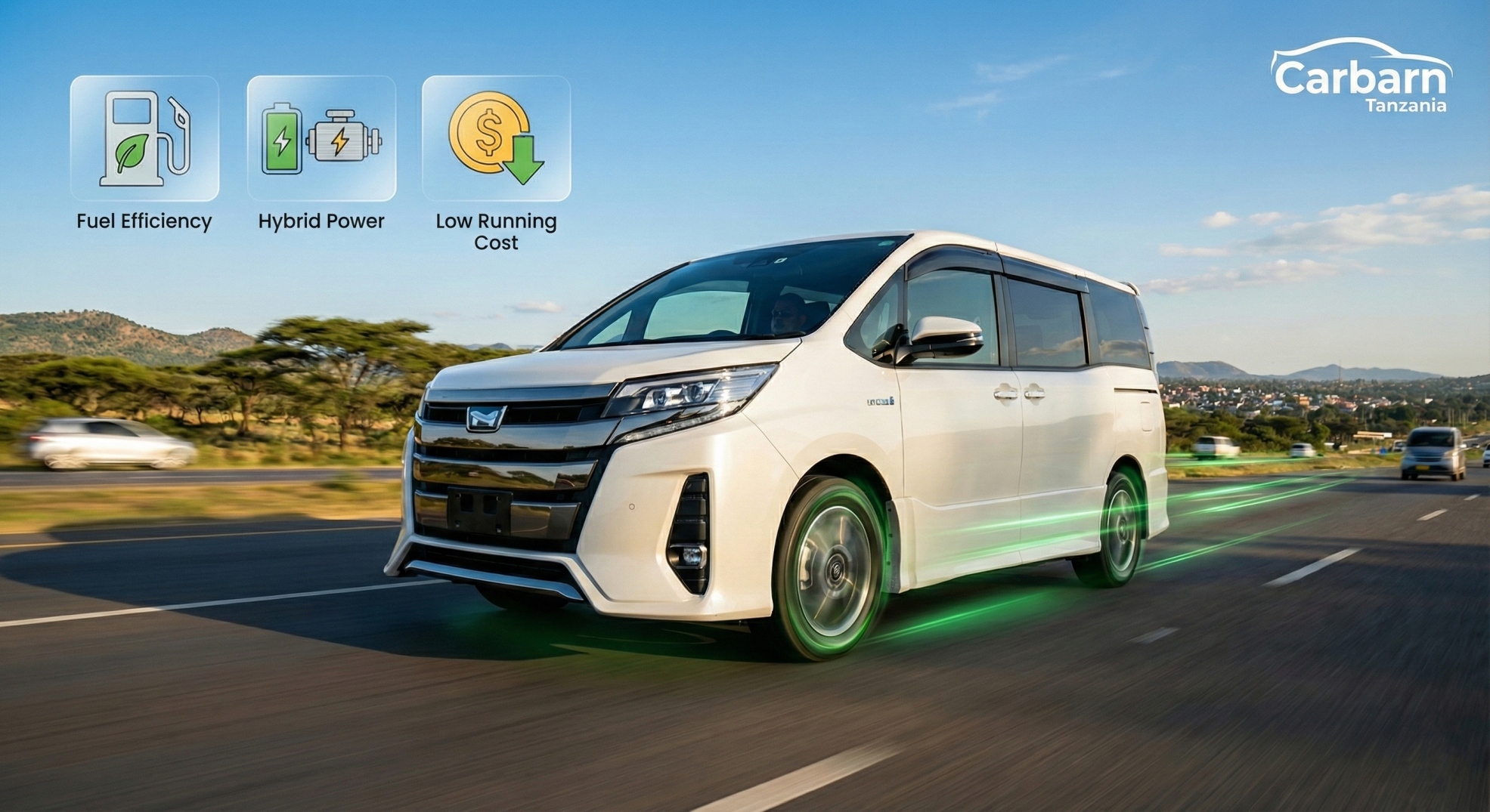 Toyota Noah Hybrid driving on Tanzanian highway